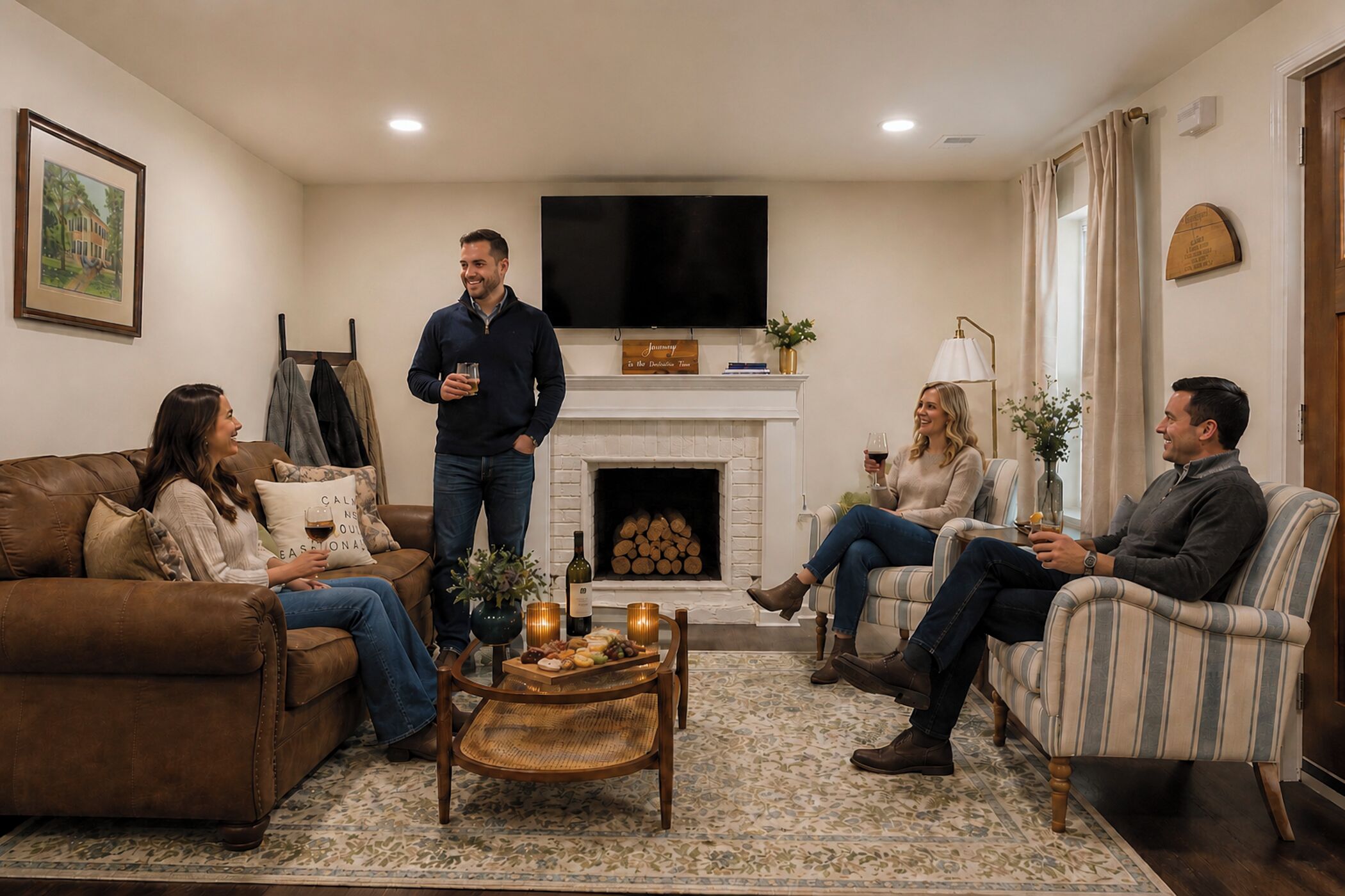 A living room with a fireplace, a television, and a coffee table with snacks.