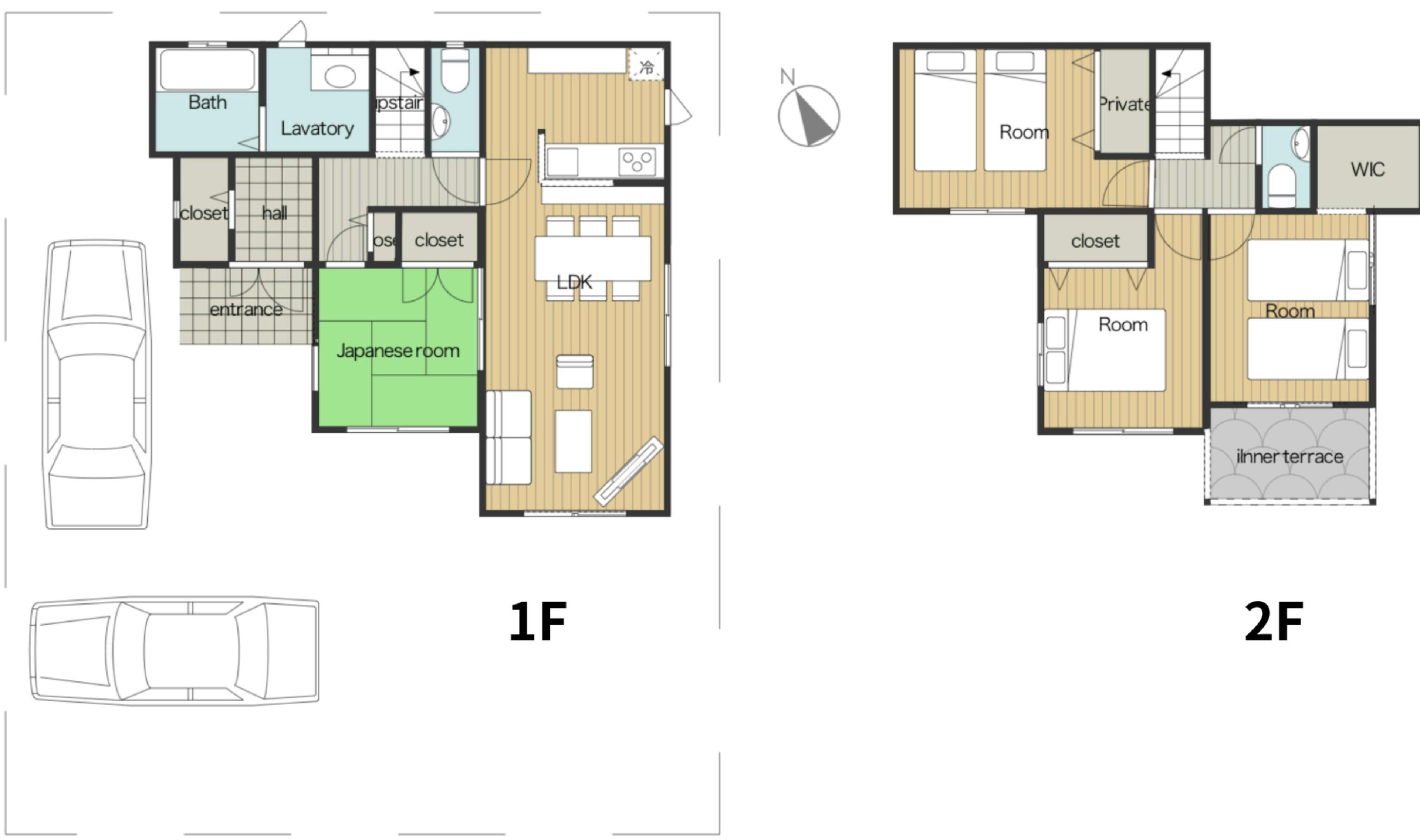 Dos planos de planta de un hotel que incluyen una habitación japonesa, una sala privada, un armario empotrado y una terraza interior.