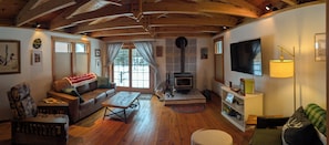 Smart TV, fireplace, books