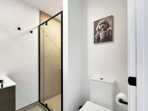 Shower, hair dryer, towels, shampoo