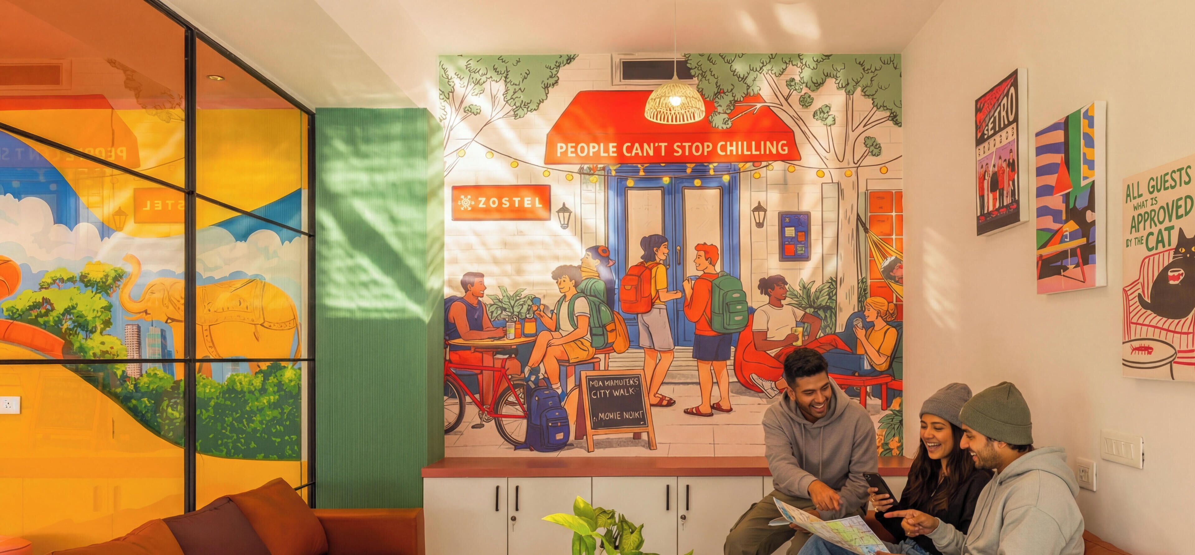 A colorful mural with a 'ZOSTEL' sign, a 'PEOPLE CAN'T STOP CHILLING' banner, and a 'CAT' approved sign.