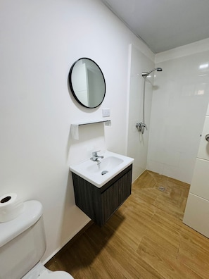 Regadera, secadora de cabello, toallas, jabón