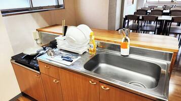 Fridge, microwave, dining tables
