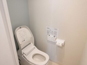 Eine weiße Standardtoilette mit Spülhebel und einem an der Wand montierten Papierhandtuchspender.