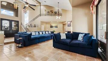 Smart TV, fireplace, video games, DVD player