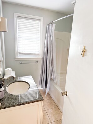 Hair dryer, towels, soap, shampoo