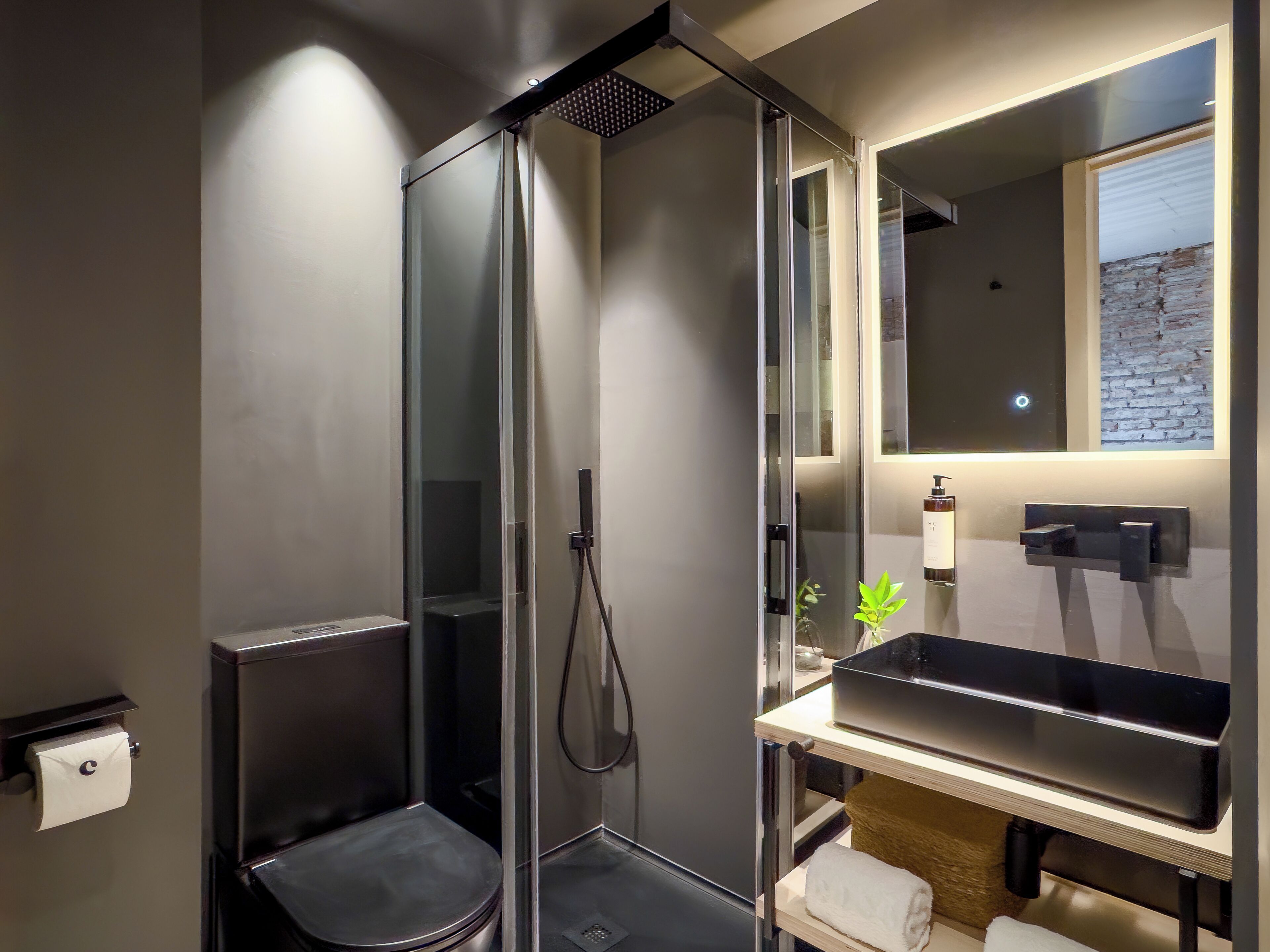 A modern bathroom with a glass-enclosed shower, a vanity with a mirror, and a towel rack.