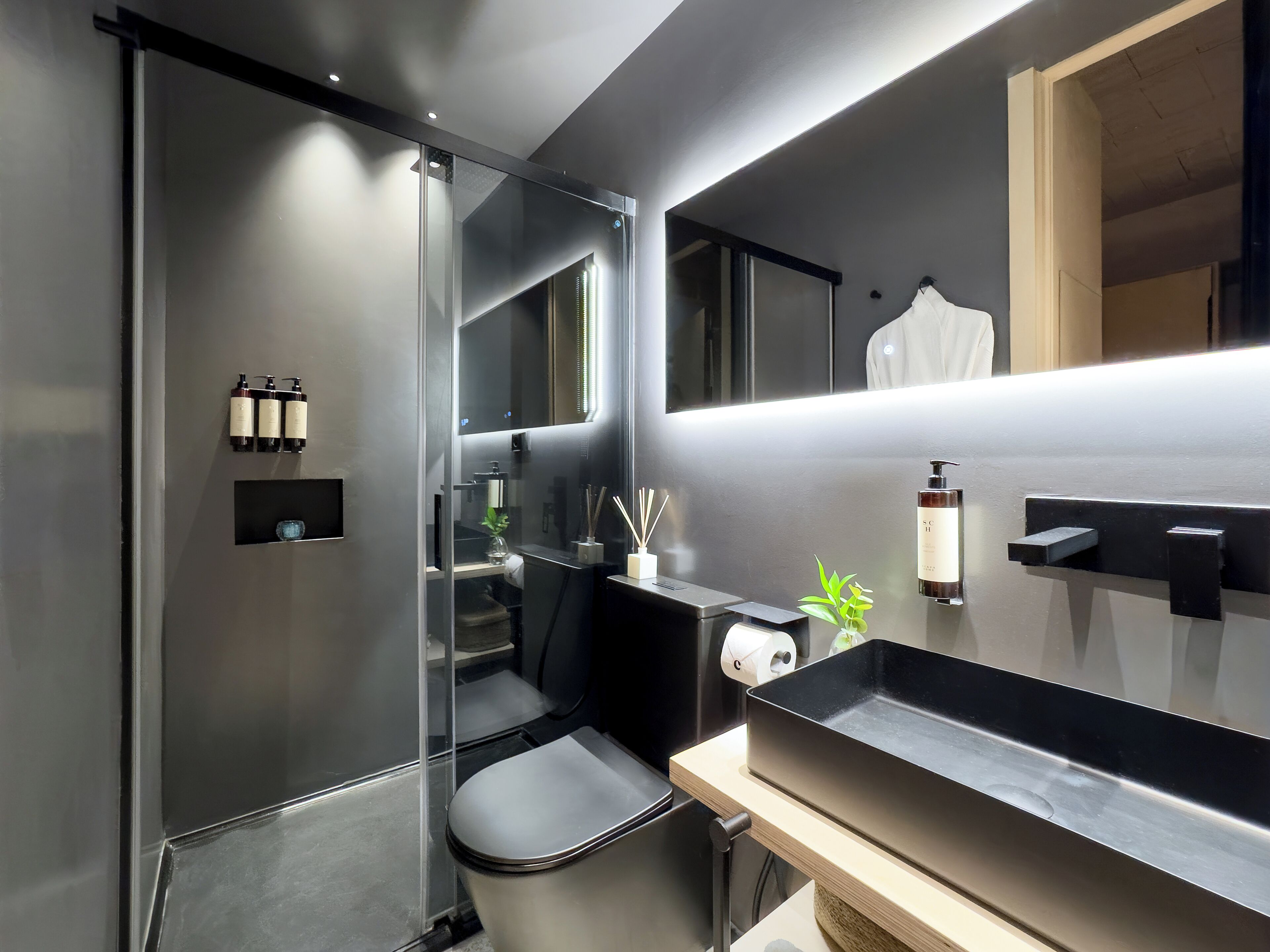 A modern bathroom with a glass shower enclosure, a toilet, a sink with a mirror, and toiletries.