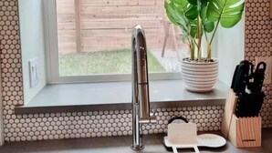 Une cuisine dotée d’un évier en acier inoxydable, d’une fenêtre donnant sur une clôture en bois et sur la verdure, et d’une plante en pot posée sur le rebord de la fenêtre.
