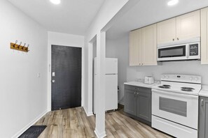 Frigorífico, microondas, horno y placa de cocina