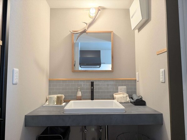 Shower, hair dryer, bidet, towels