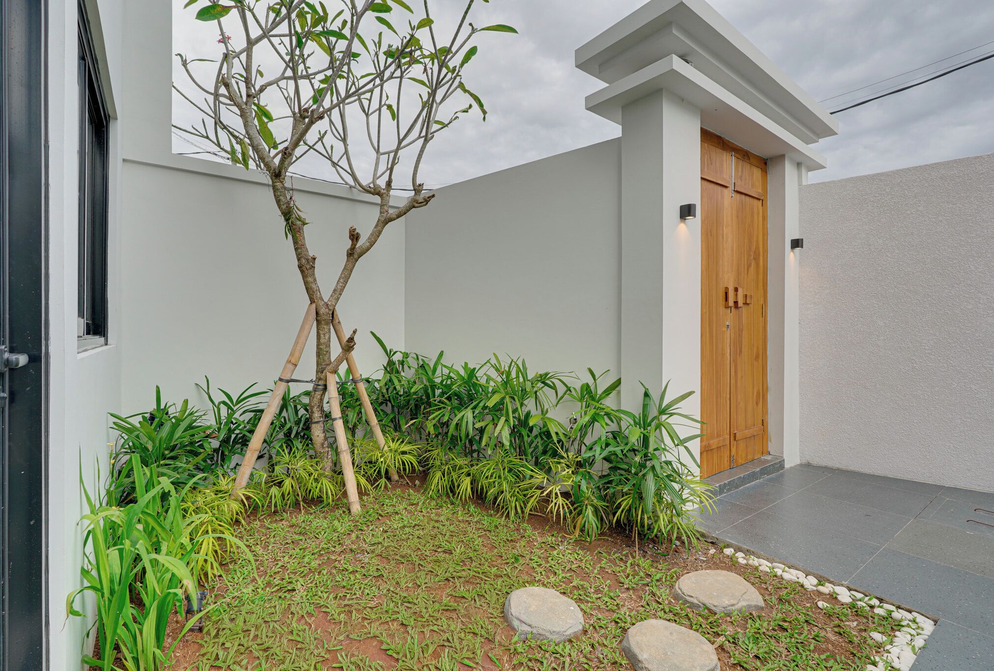 A modern building with a wooden door, a small garden with plants and stepping stones, and a paved area.