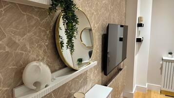 Shower, hair dryer, towels, toilet paper