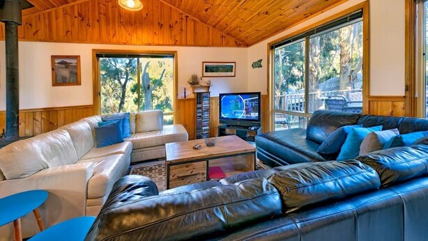 A cozy living room with wooden ceiling, leather sofas, a television, and large windows offering a view of trees. - Freycinet Hideaway (Coles Bay)