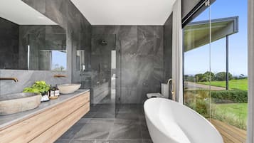 Shower, hair dryer, towels, shampoo