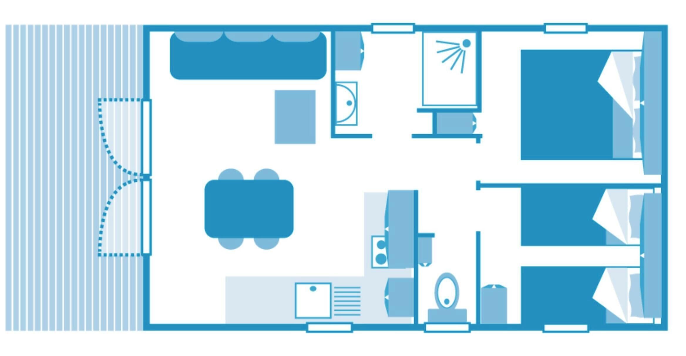 A hotel room layout with a bed, desk, chair, wardrobe, and bathroom.