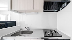 A modern kitchen with a stainless steel sink, double gas stove, and light wood cabinets. - VOLPE 102 (Sapporo)