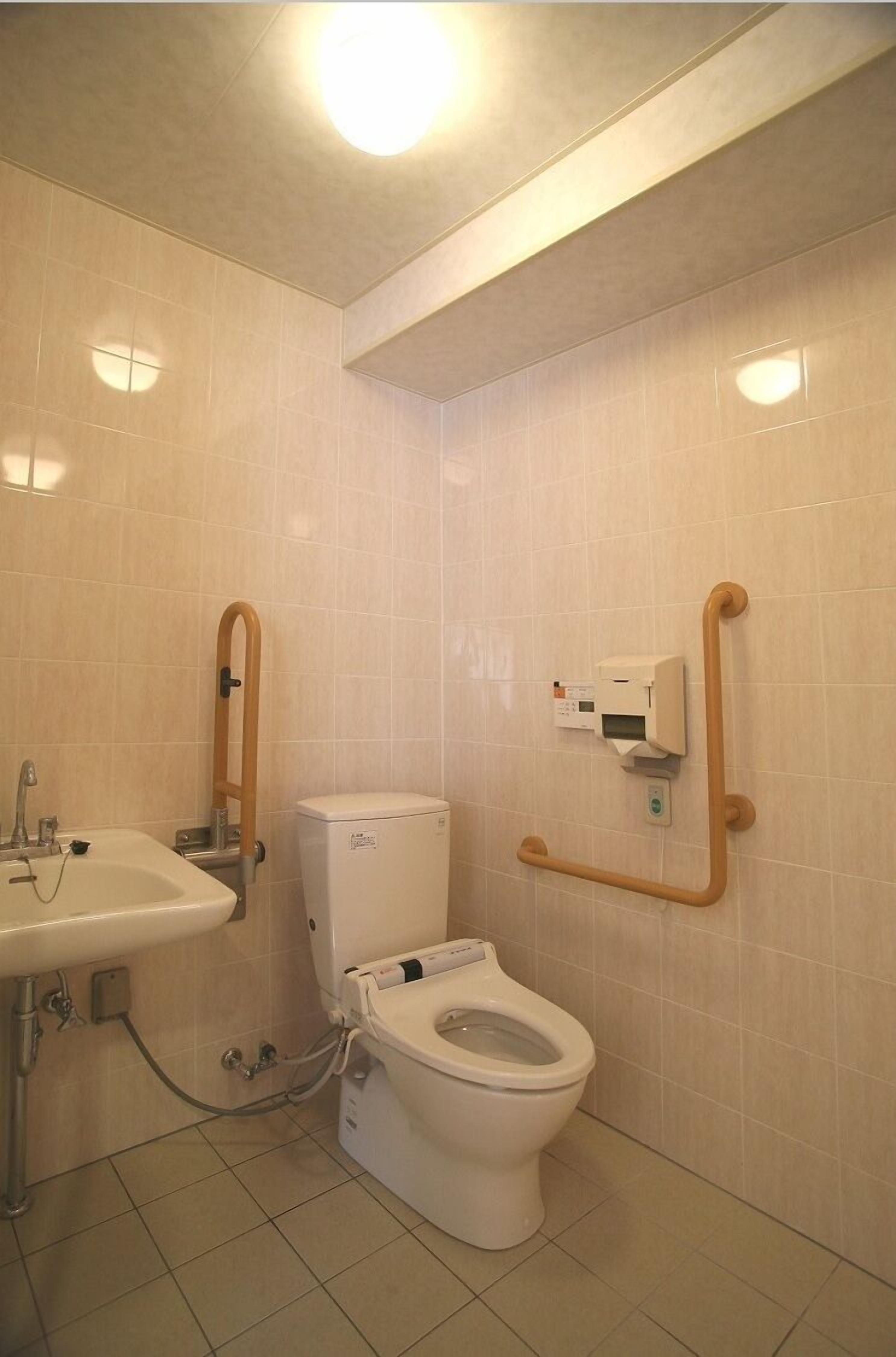 Un baño pequeño y limpio con inodoro, lavabo y barras de apoyo.