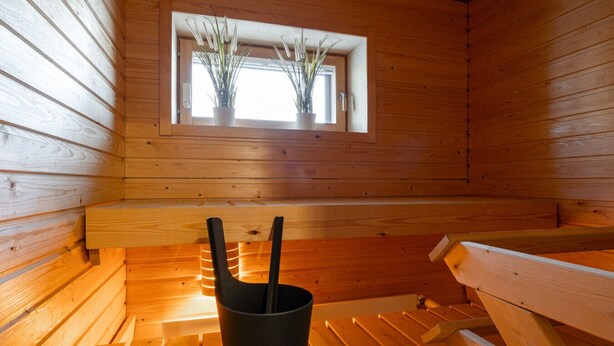 Eine Holzhüttsauna mit Bänken, einem Fenster mit Pflanzen und einem Eimer.
