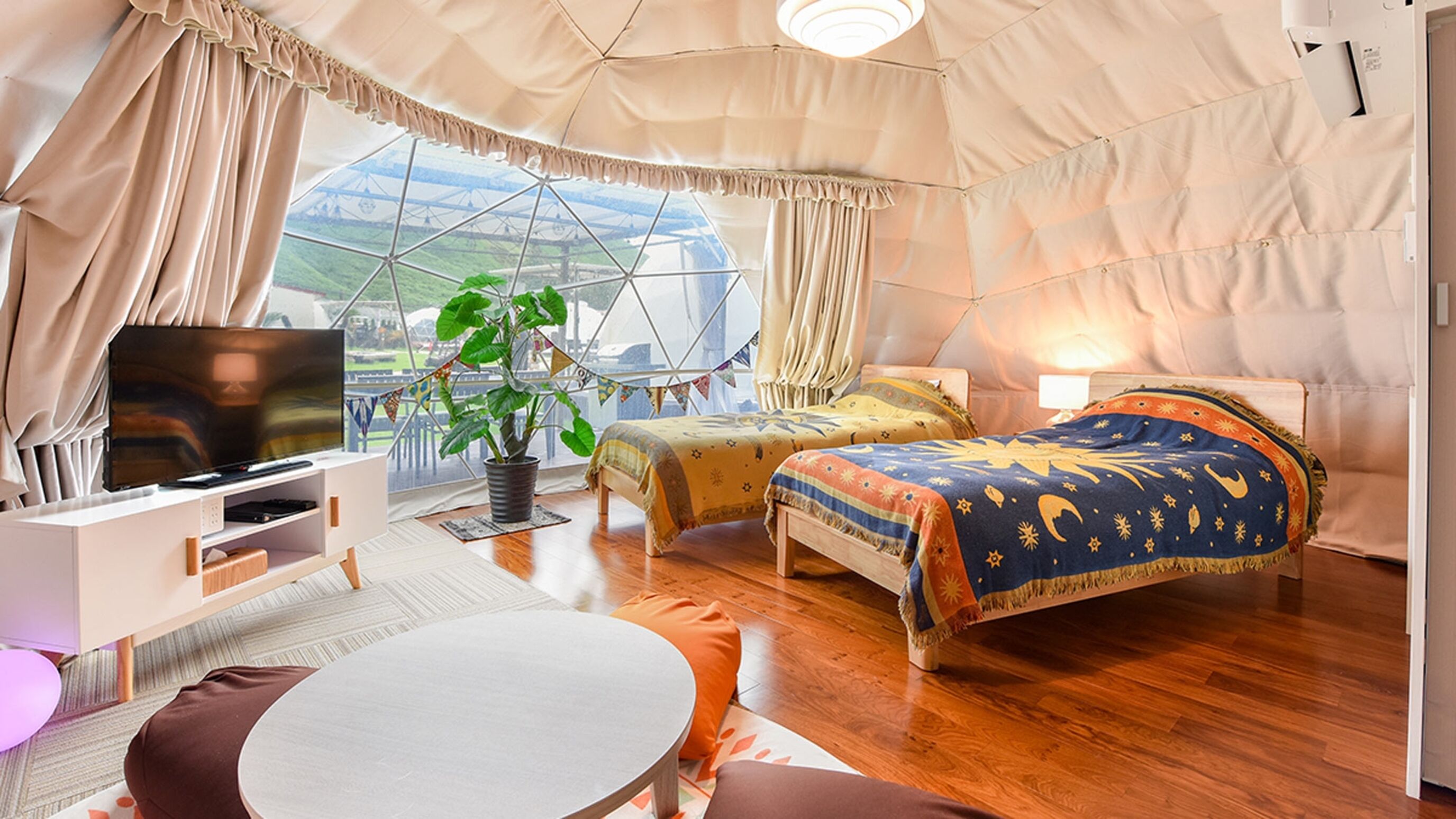 Habitación tipo tienda de campaña con una cama, un televisor, una planta y vistas a un puente.