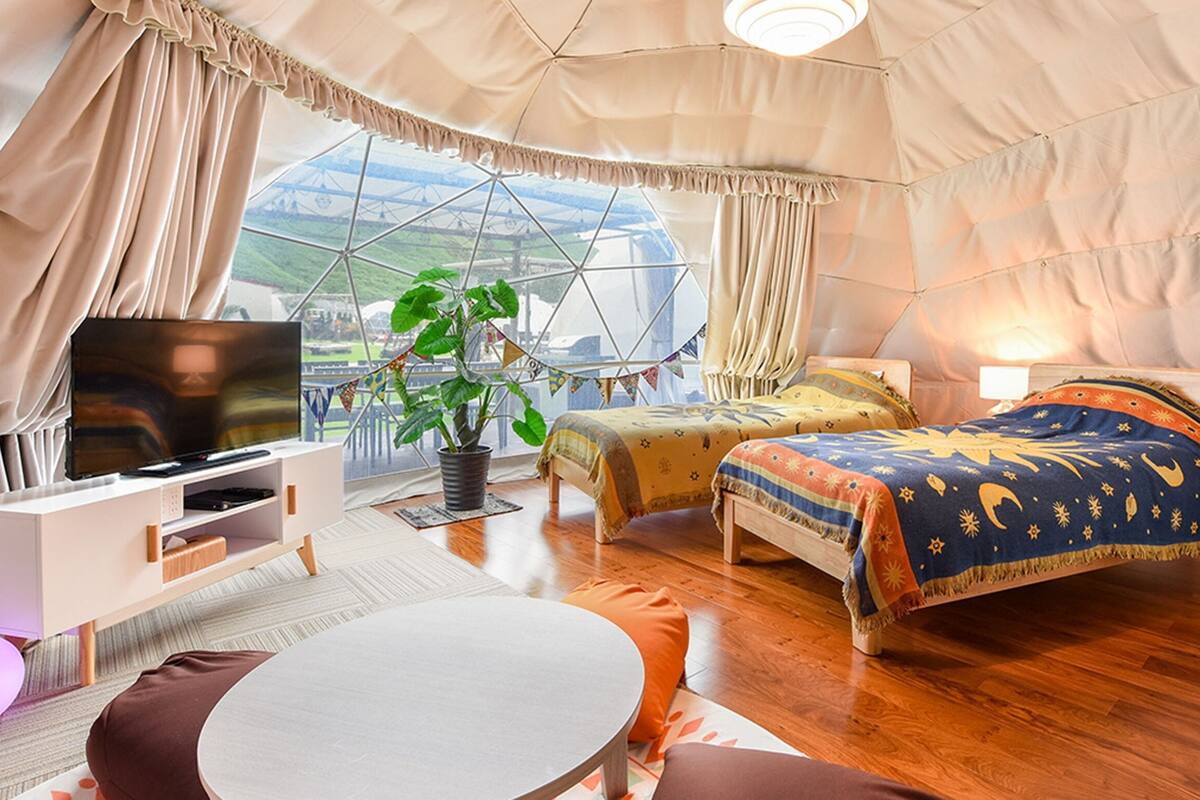 A tent-style room with a bed, a TV, a plant, and a view of a bridge.