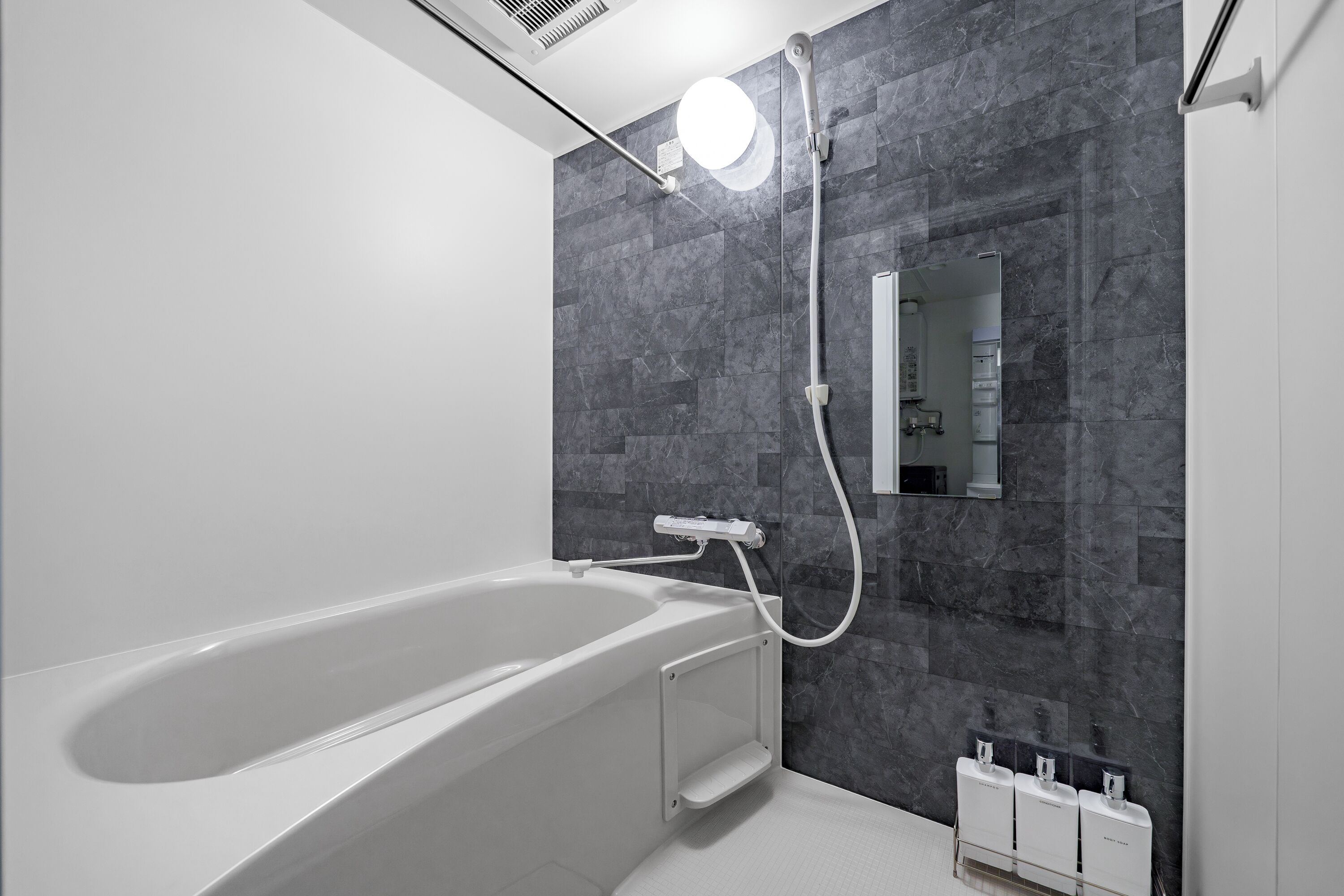 Un baño moderno con una bañera blanca, un cabezal de ducha de mano y un espejo montado en la pared.