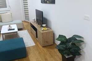 Un salon avec un canapé, une table basse, un téléviseur posé sur un meuble en bois et une plante en pot.