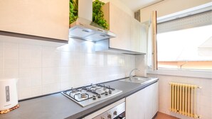 A modern kitchen with a gas stove, stainless steel appliances, and a window with a view.