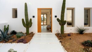 Una casa moderna con fachada blanca, un acceso central y un jardín con cactus y suculentas.
