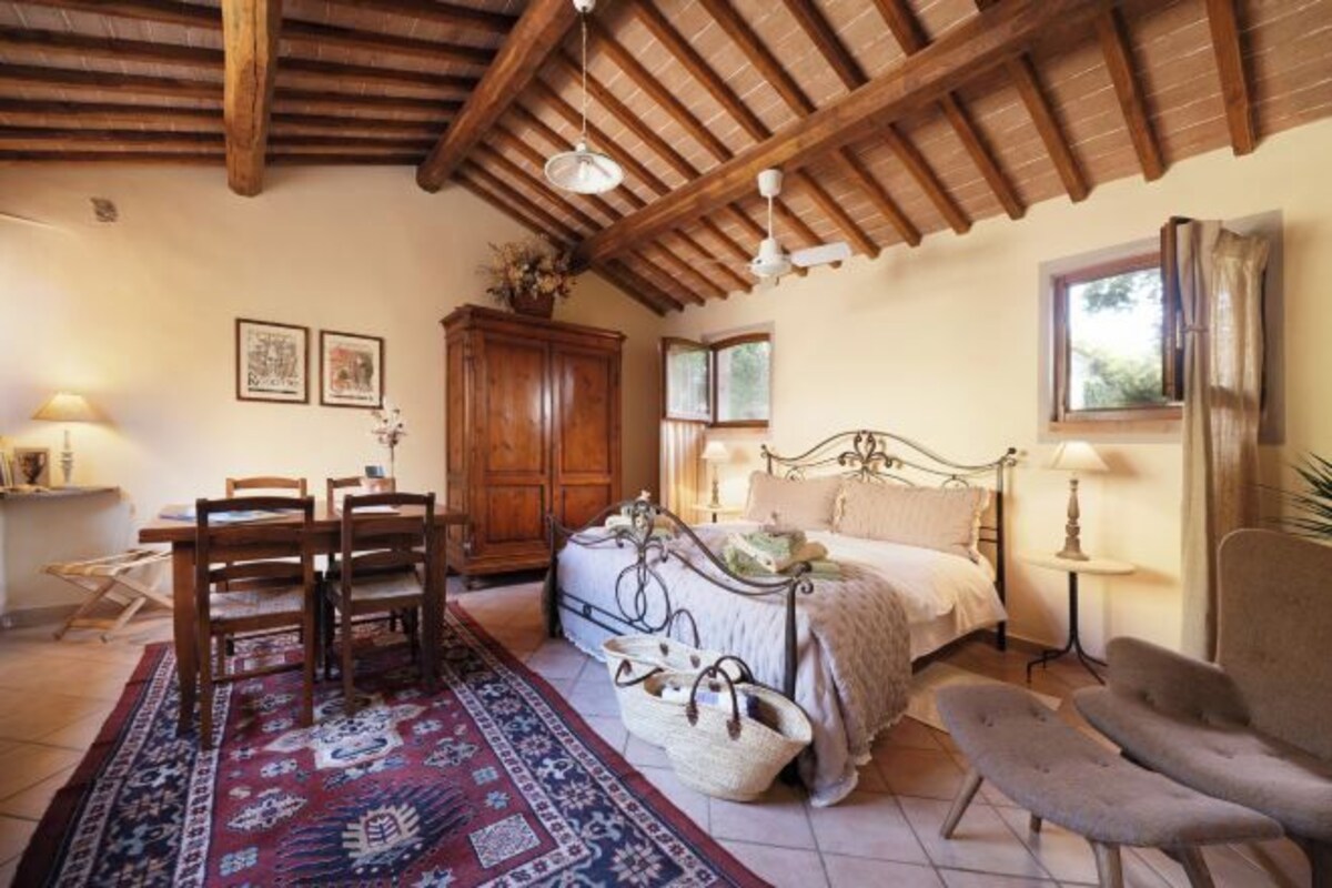 A bedroom with a bed, bedside tables, a desk, chairs, and a rug.
