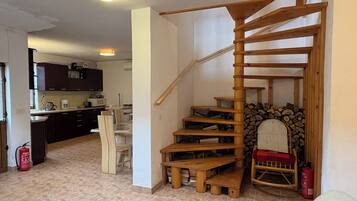 Flat-screen TV, fireplace