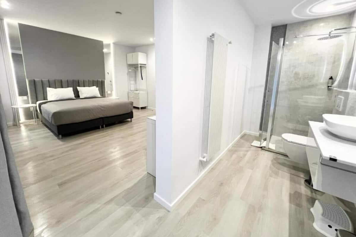 A modern hotel room with a large bed, a walk-in shower, and a separate bathroom.