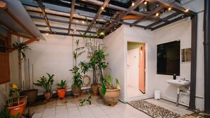 Una habitación con suelo de baldosas, techo con vigas a la vista y varias plantas en macetas.