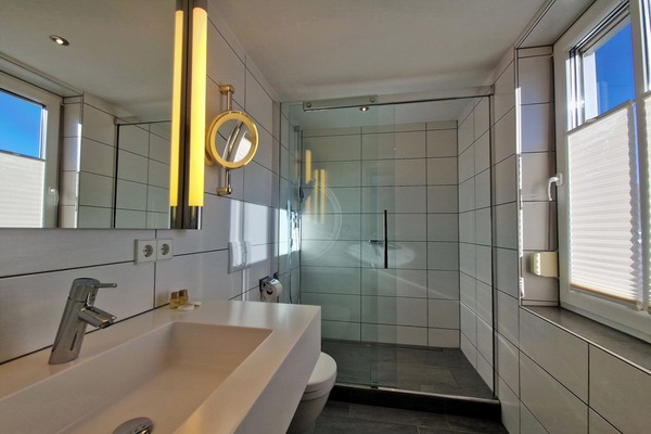Economy Zimmer im Haupthaus | Bathroom | Shower, hair dryer, towels, soap