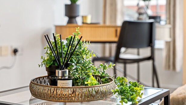 A modern living room with a glass coffee table, a decorative tray with a plant, and a small potted plant on the table. - Modern 2-Bed Flat with Flexible Beds (Warrington)