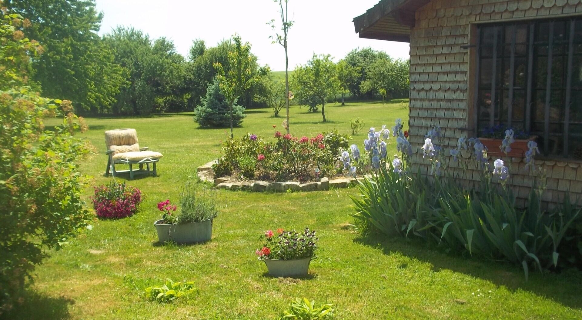 Ein Garten mit Rasen, einer hölzernen Bank, Kübelpflanzen und einem Ziegelgebäude mit Fenstern.