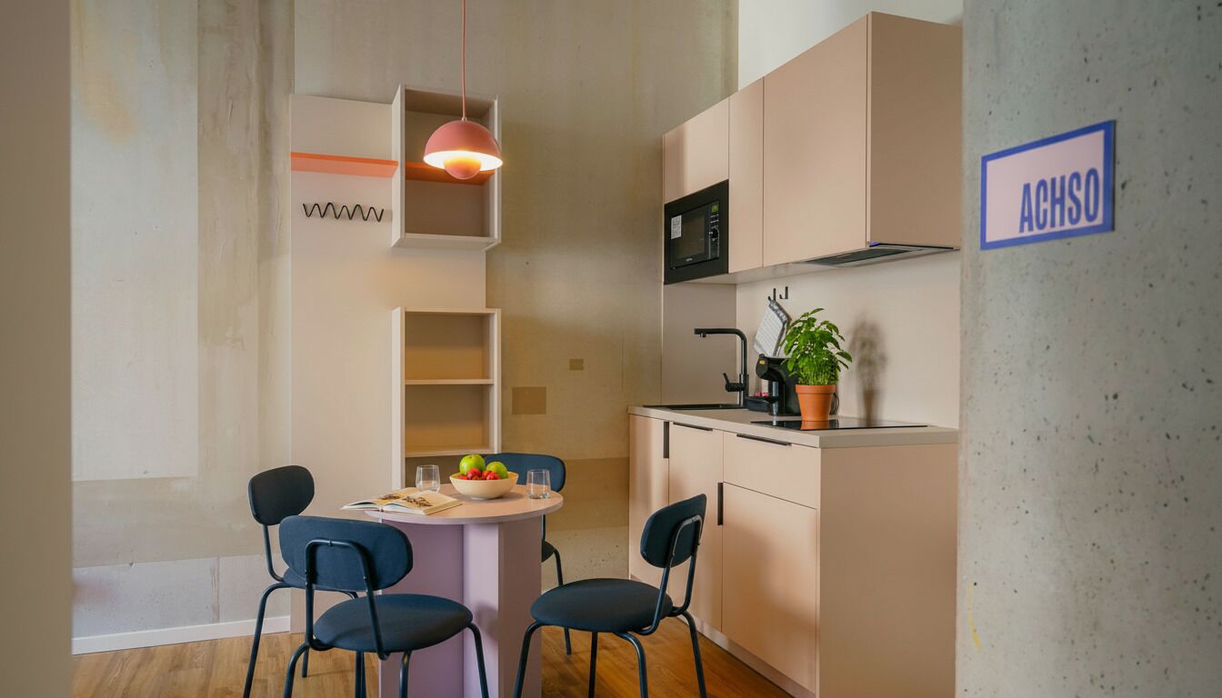 Una cocina compacta con microondas, un lavamanos y una planta en maceta. Hay dos sillas y una mesa con un tazón de fruta.