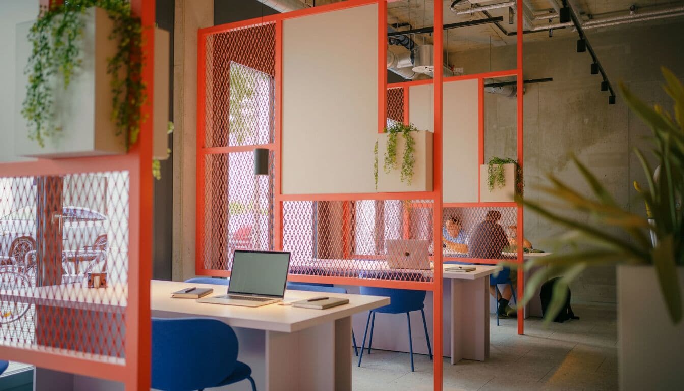 Un espace de bureau avec des postes de travail séparés par des cloisons, chacun équipé d’un ordinateur portable, et des plantes en arrière-plan.