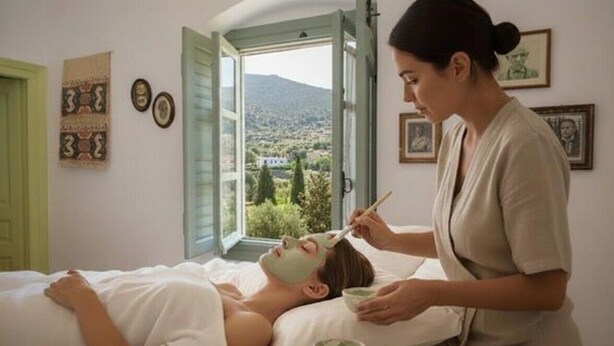 A person receiving a facial treatment in a room with a bed, a window with a view of greenery, and framed pictures on the wall.