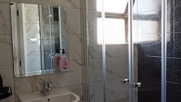 Regadera, secadora de cabello, toallas, papel de baño