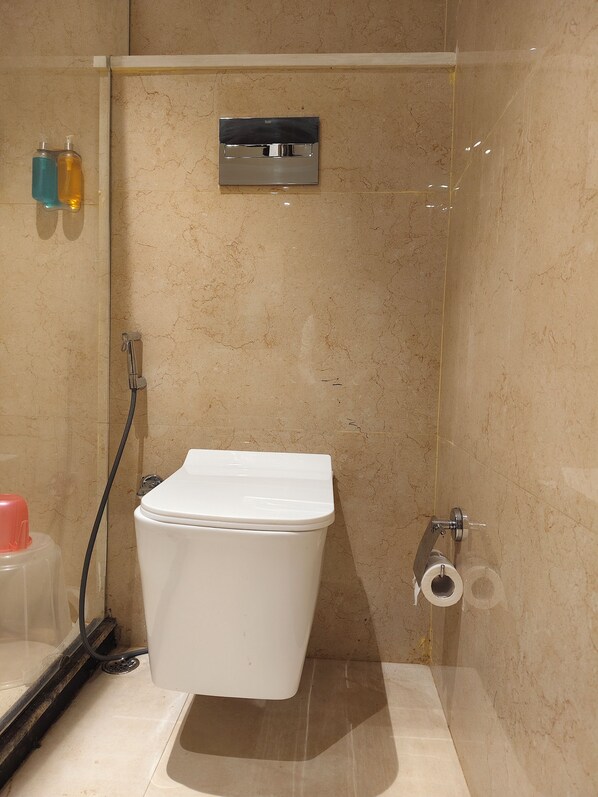 A bathroom with a toilet, a shower, and a glass-enclosed shower stall.