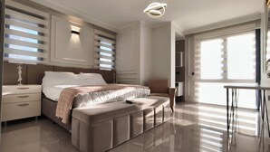 A modern bedroom with a bed, bedside tables, a bench, and a desk. - AHSA VILLA WONDERFOUL SEA VIEW AND SWIMMING POOL (İstanbul)