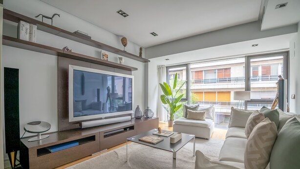 Een moderne woonkamer met een grote flatscreen televisie, een bank, een salontafel en een potplant.