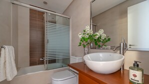 Een moderne badkamer met een douchecabine van glas, een wit toilet, een groot wit wastafel en een houten wastafelmeubel.