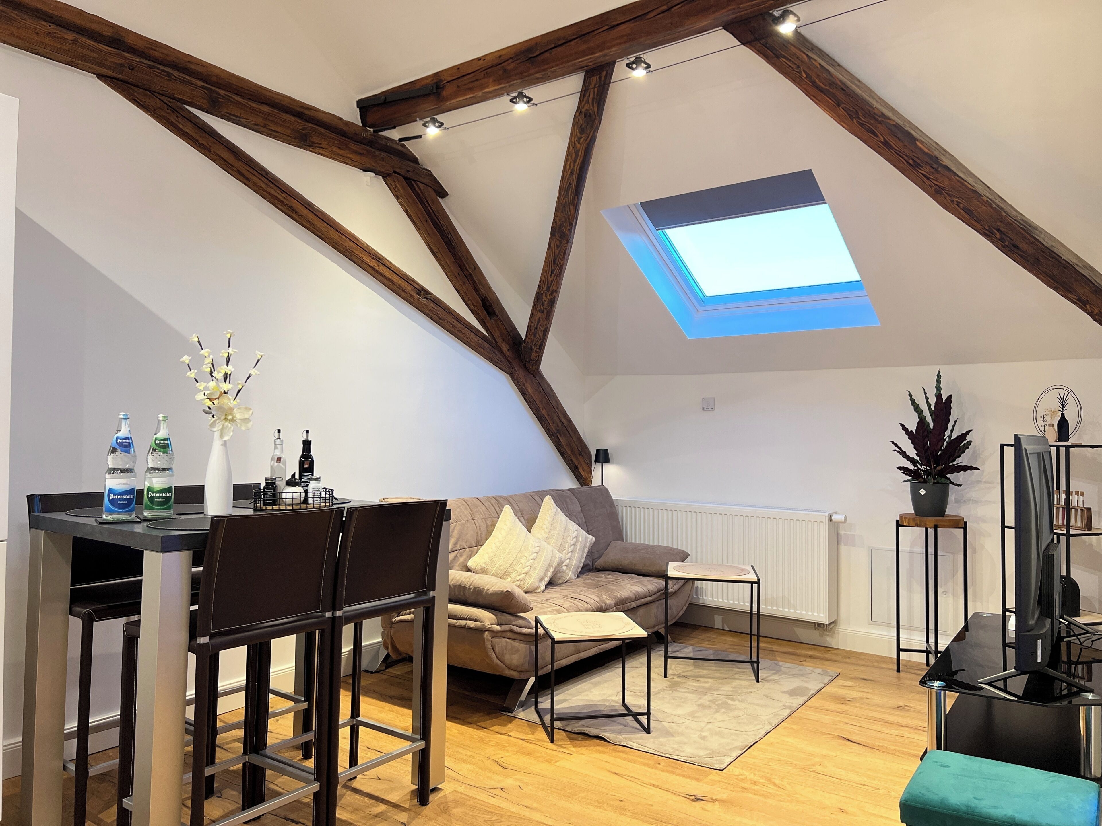 Une pièce de style « loft » avec des poutres apparentes, une lucarne, un canapé, une table à manger avec des chaises et une petite table d’appoint agrémentée d’une plante.