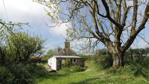 A stone cottage with a chimney, surrounded by grass and wildflowers, with trees in the background. - Rhos Y Clegyrn (Goodwick)