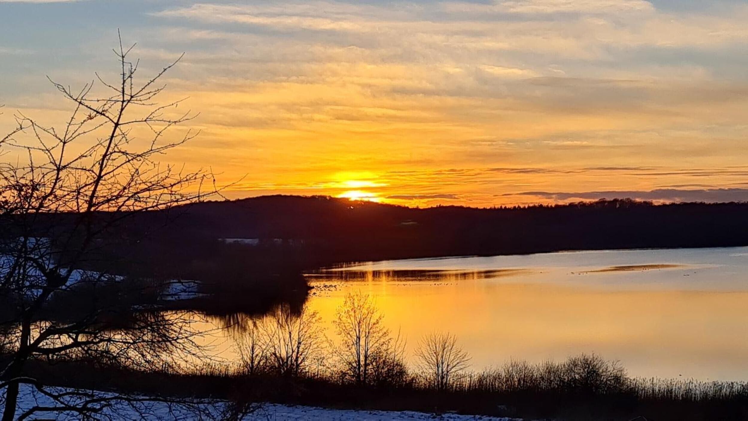 Um pôr do sol sobre um lago calmo, com árvores secas em primeiro plano.