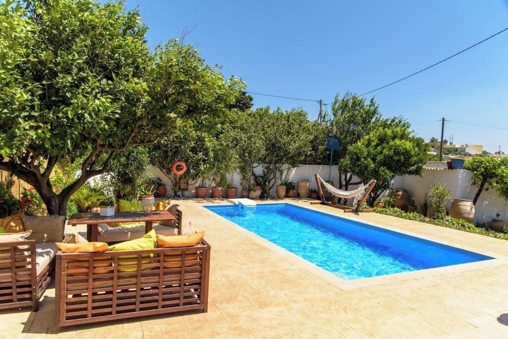 A rectangular swimming pool with a tiled deck, surrounded by potted plants and a hammock.