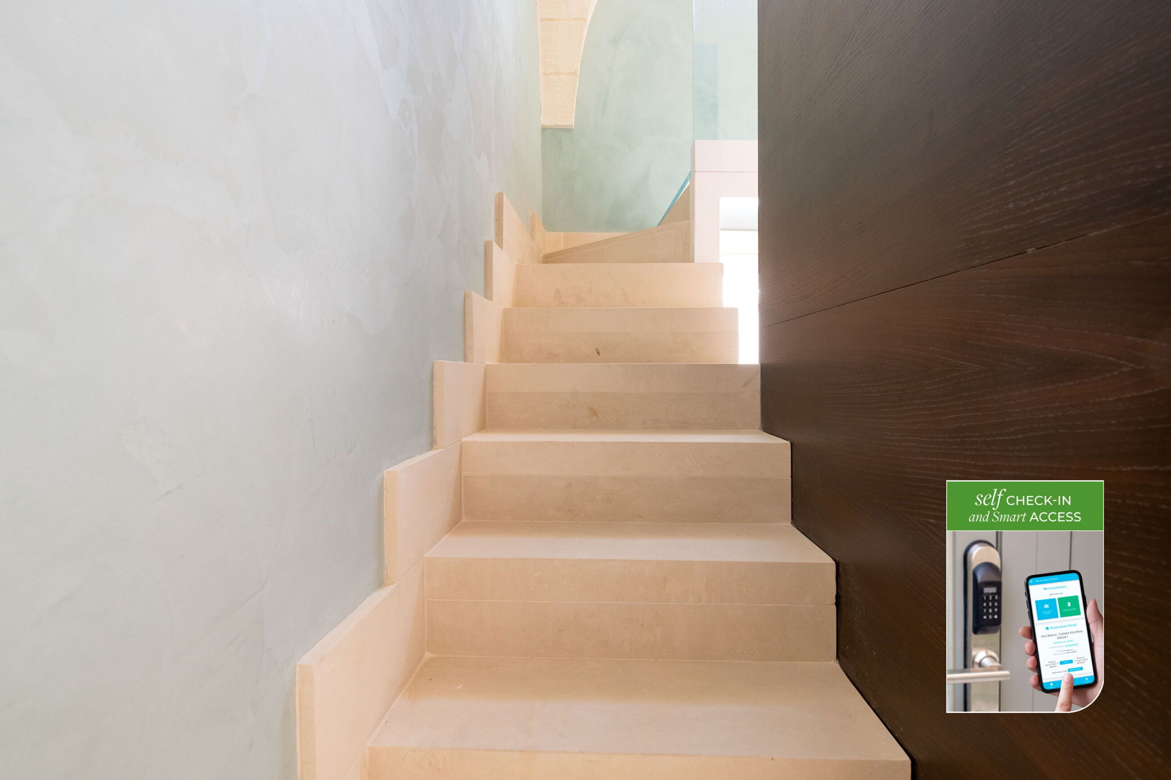A staircase with a self-check-in system and smart access.