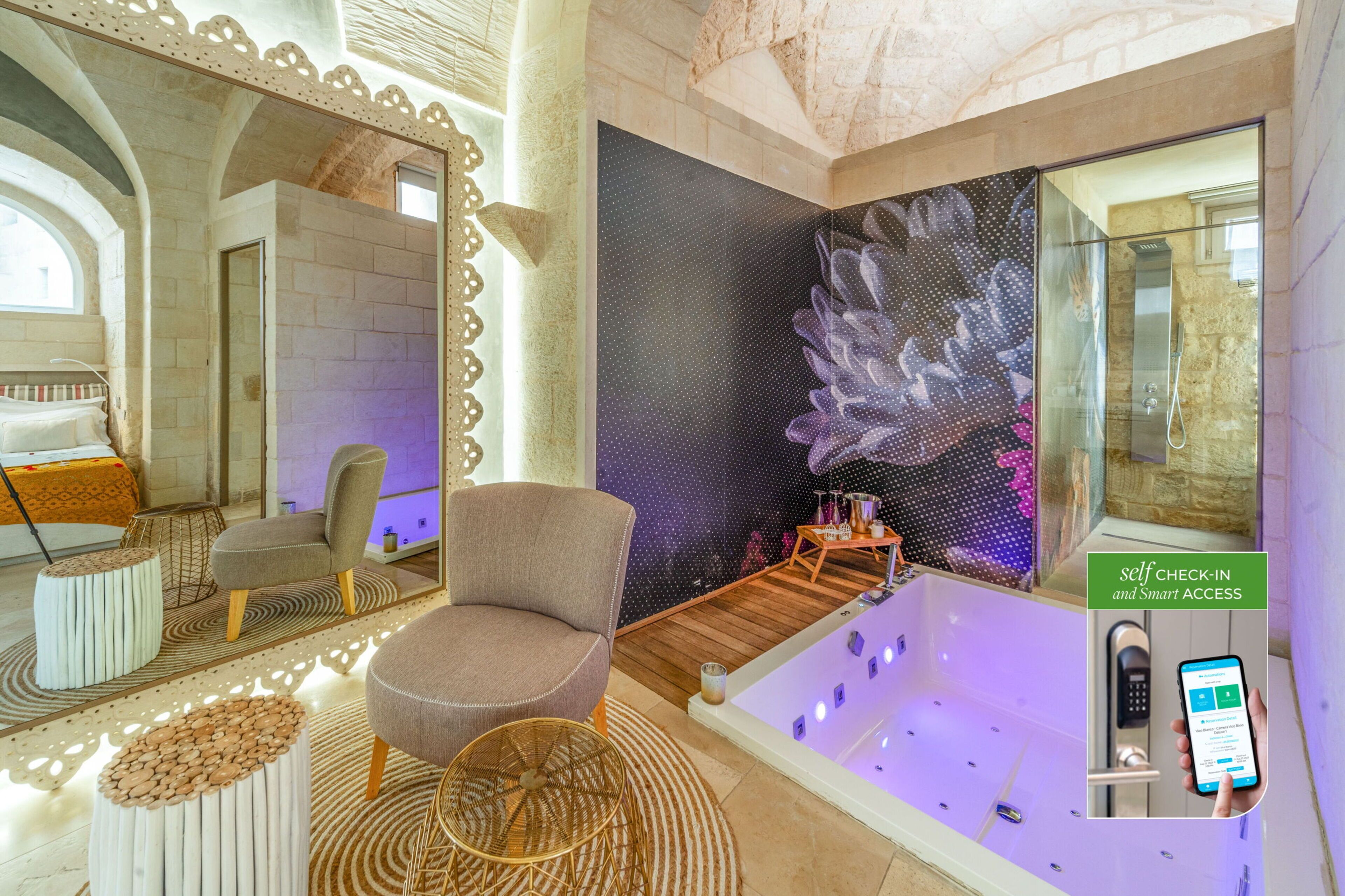 Un baño moderno con quiosco de auto-registro, una bañera grande y un detalle decorativo en la pared.
